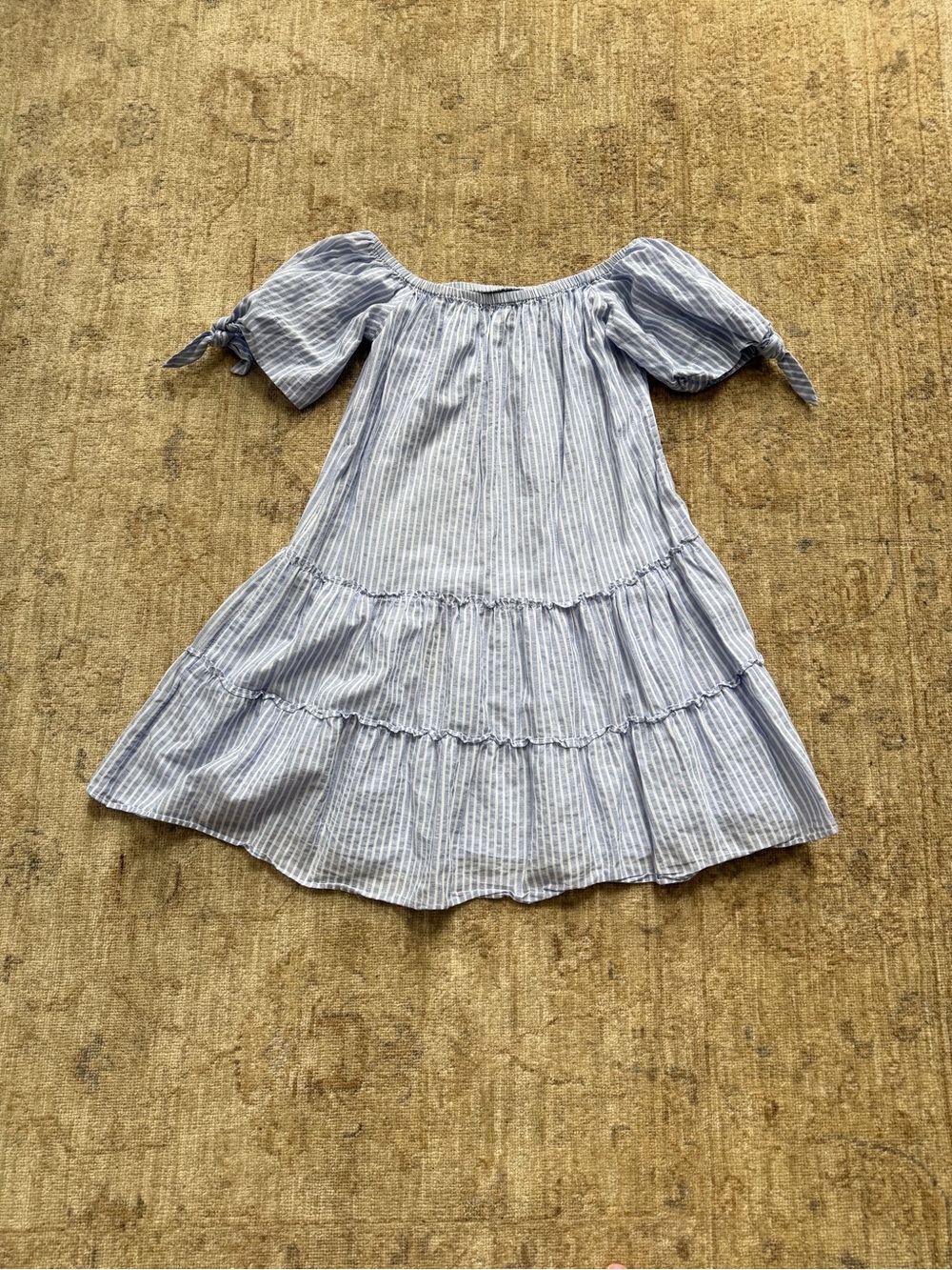 BCBGMaxAzria Blue and White Striped Off-Shoulder Tiered Dress